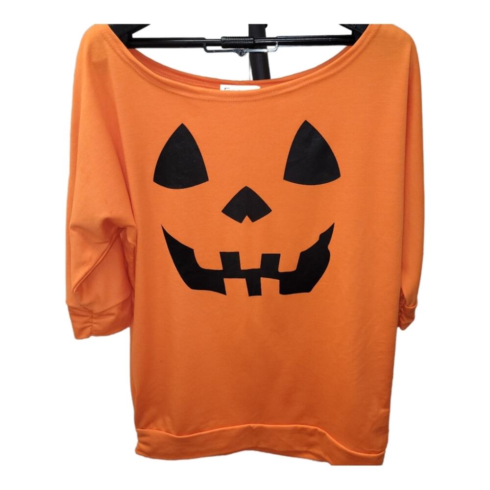 For G and PL Women's Pumpkin Top Size Large Orange with Face 3/4 Sleeves